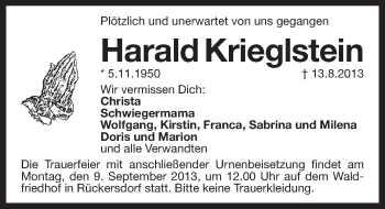 Traueranzeige von Harald Krieglstein von Pegnitz-Zeitung